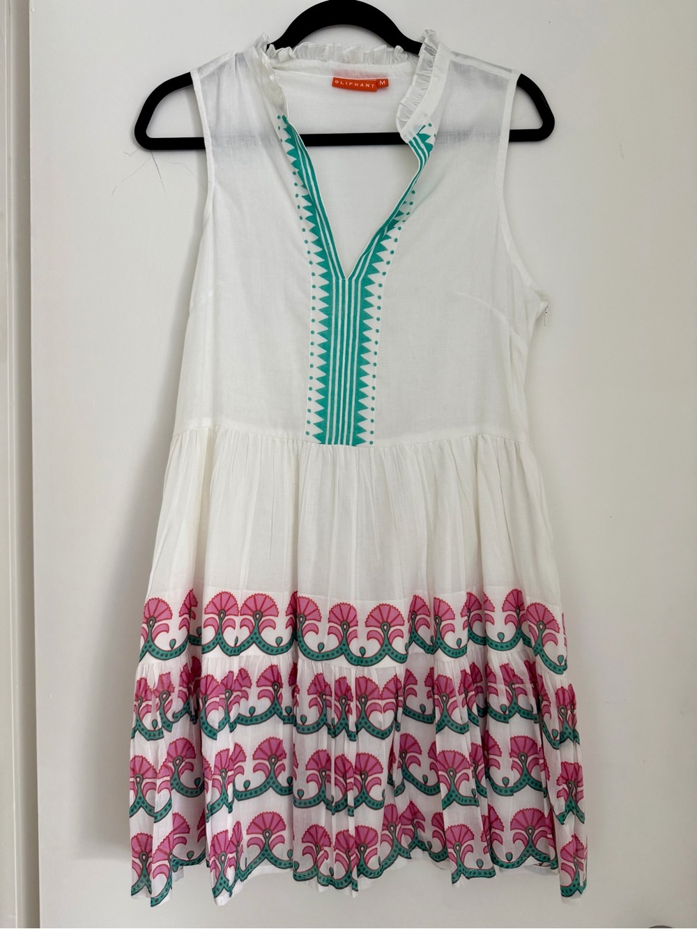 Oliphant White Cotton sleeveless dress with Pink and teal Floral detail Sz M